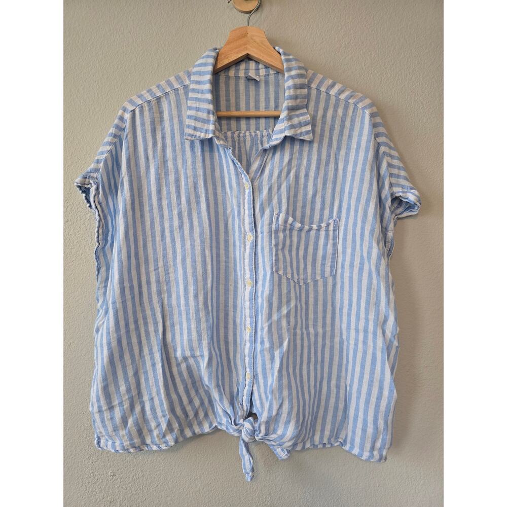 Old Navy Linen Blend Striped Tie Front Shirt XXL Coastal Summer Top Relaxed Fit - Picture 2 of 8